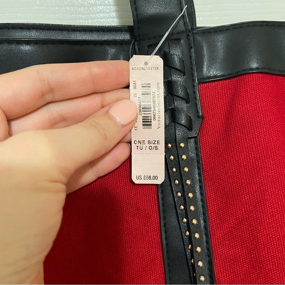Victoria’s Secret NWT Red and Black Studded Tassel Canvas Tote Bag Purse - Picture 4 of 7